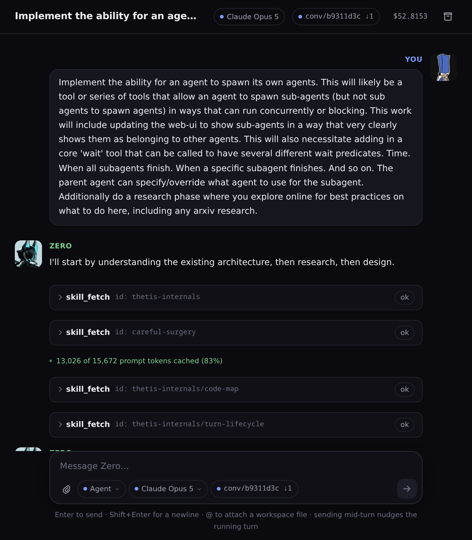 The live conversation in which sub-agent delegation was built: the user's brief asking for spawn tools, a one-level rule and a core wait tool, followed by the agent fetching its own internals skills before designing.